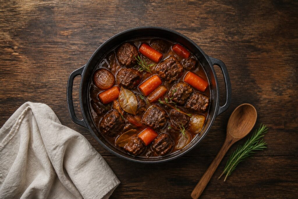 AIP beef and carrot stew with rosemary in a cast iron dutch oven
