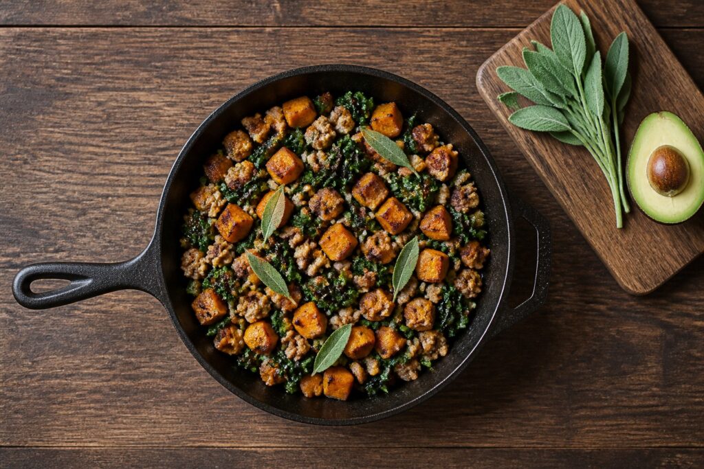 AIP breakfast hash with sweet potato cubes, ground turkey, kale and fresh sage in a cast iron skillet