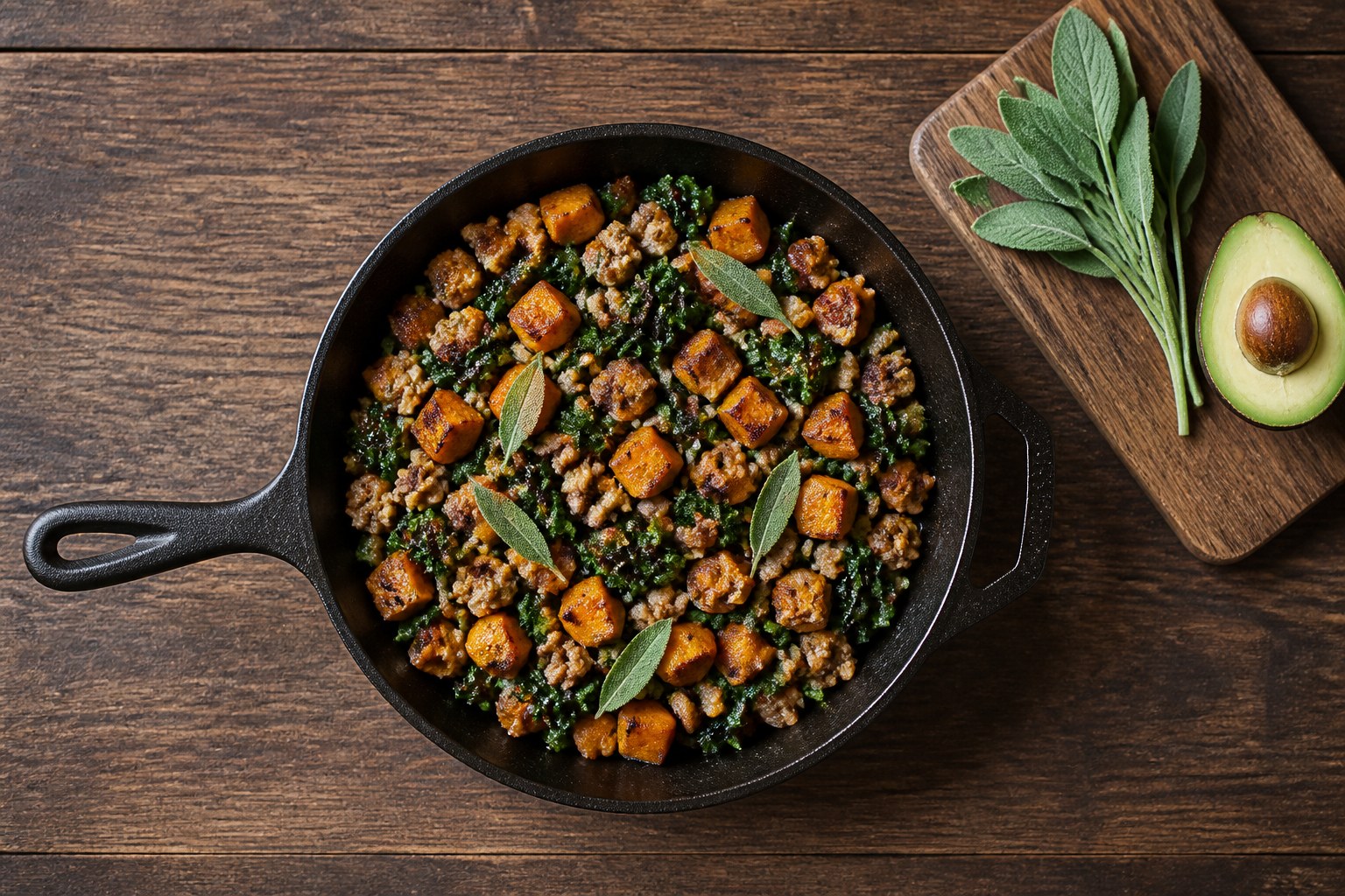 AIP breakfast hash with sweet potato cubes, ground turkey, kale and fresh sage in a cast iron skillet