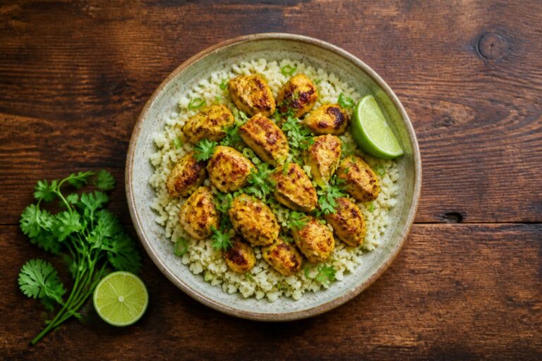 AIP turmeric chicken over cauliflower rice with cilantro and lime in a ceramic bowl