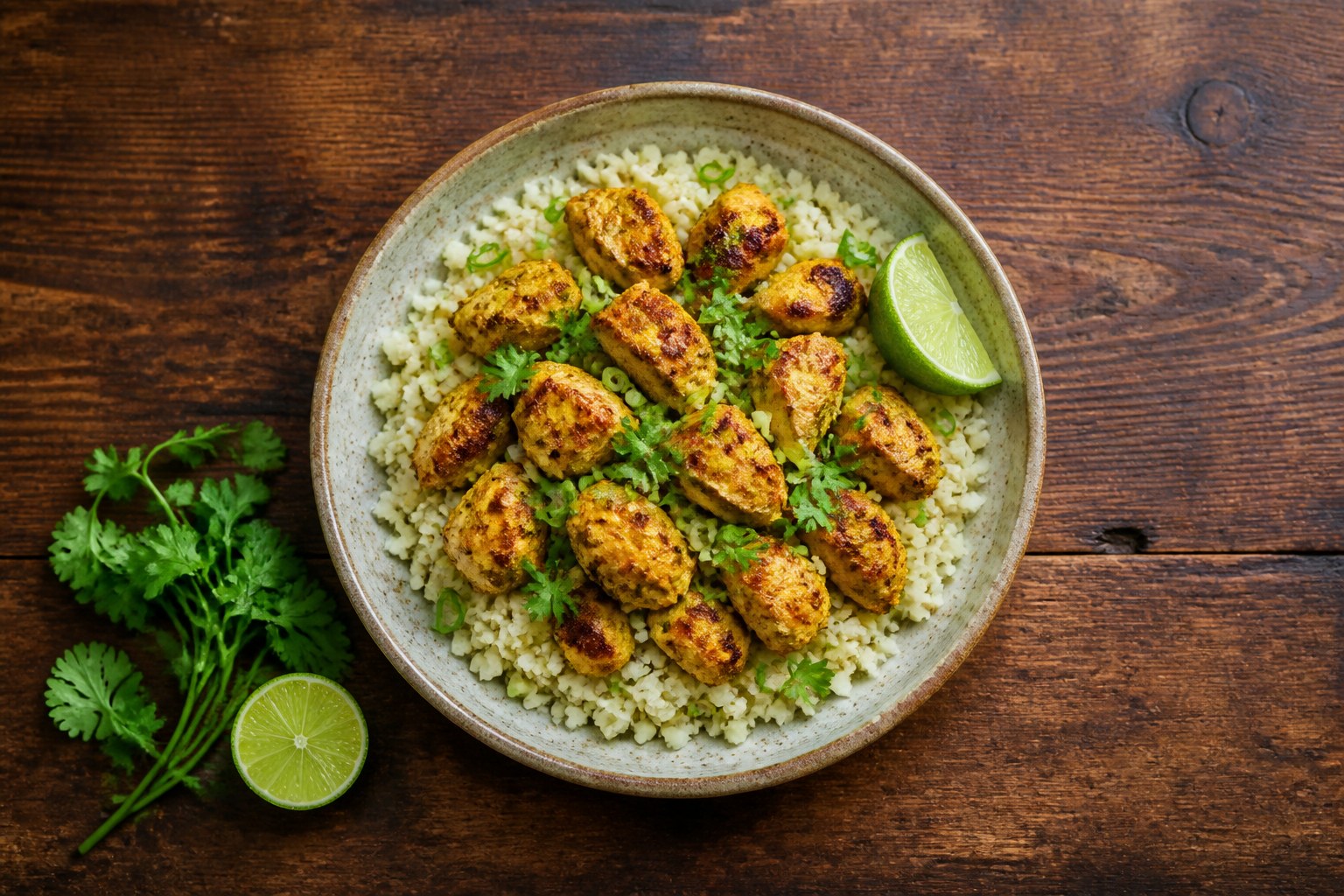 AIP turmeric chicken over cauliflower rice with cilantro and lime in a ceramic bowl