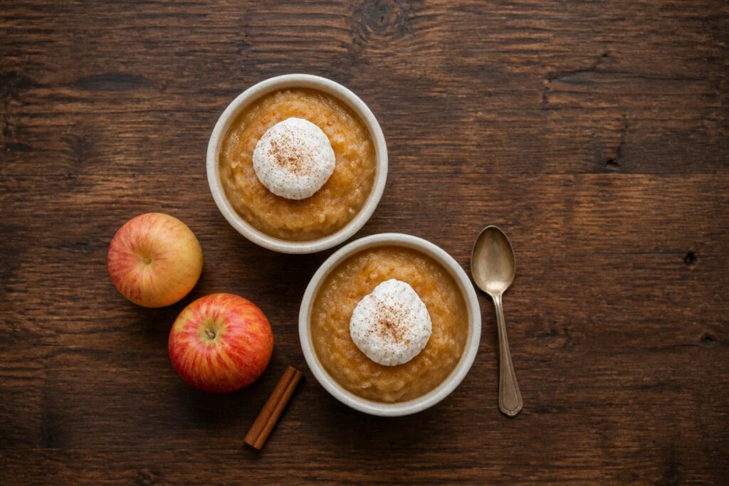 AIP warm spiced applesauce bowls topped with whipped coconut cream and a dusting of cinnamon