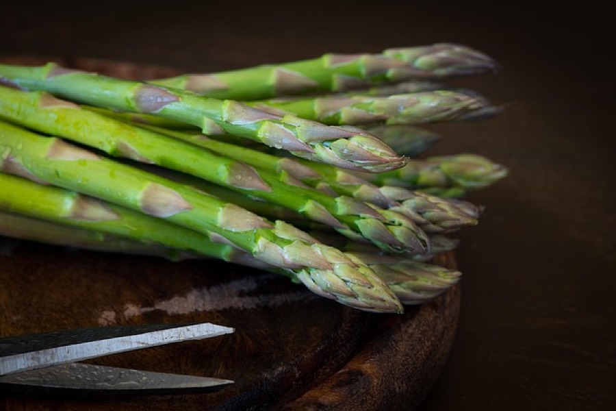 Bunch of raw green asparagus spears with tight tips on a wooden board