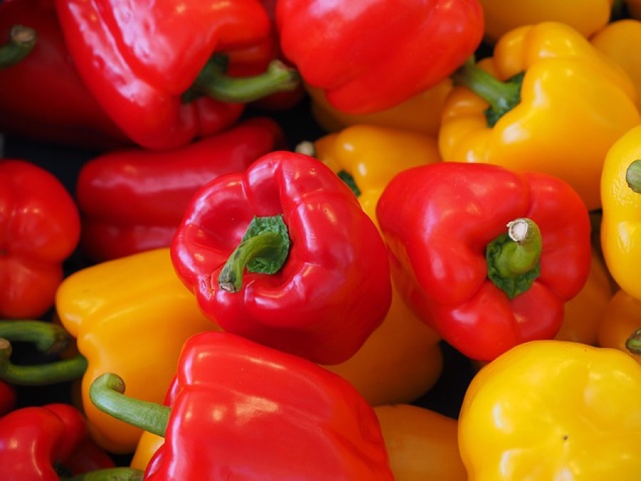 Fresh red and yellow bell peppers piled together at a market stall