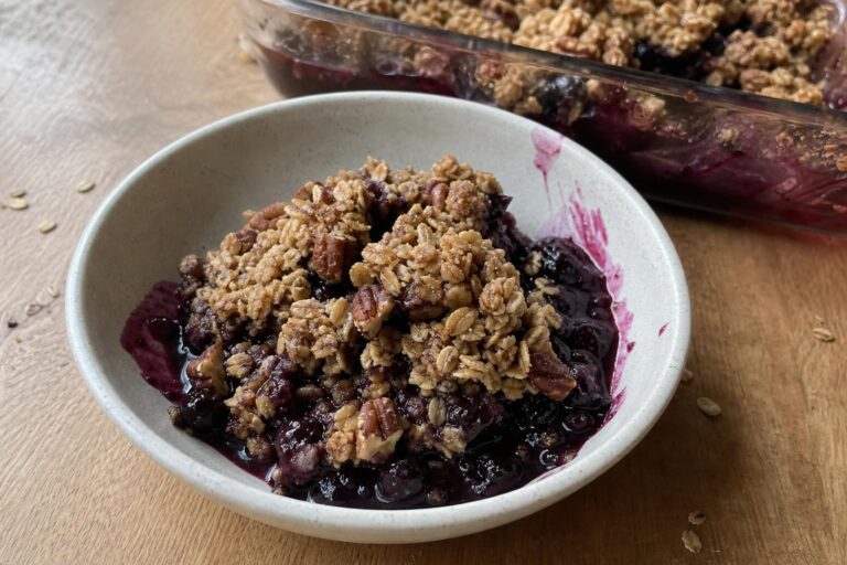 A small bowl of blueberry oat crumble with thick dark purple blueberry filling soaking through golden oat and pecan clumps, spooned out unevenly, with the glass baking dish visible in the background.