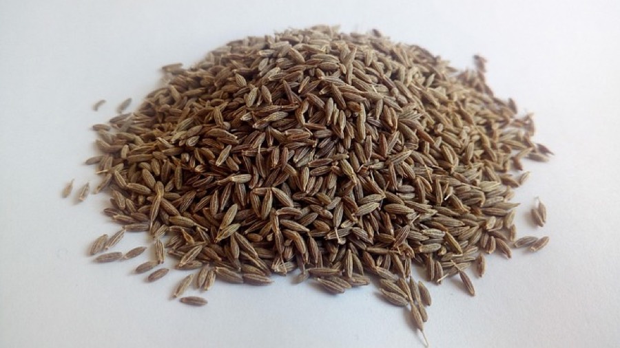 A pile of whole brown cumin seeds on a white surface, showing their ridged, elongated shape