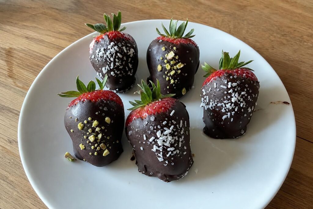 Strawberries with green stems attached, coated about three quarters of the way up in matte dark chocolate and topped with shredded coconut, chopped pistachios, and flaky sea salt, on a plain white plate.