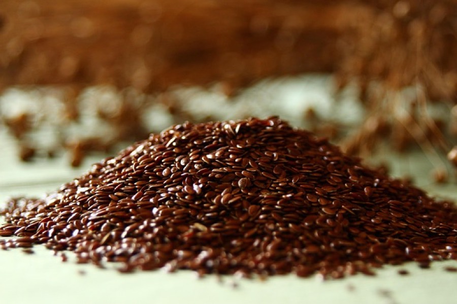A mound of whole brown flaxseed on a pale surface, with dried flax stalks behind it