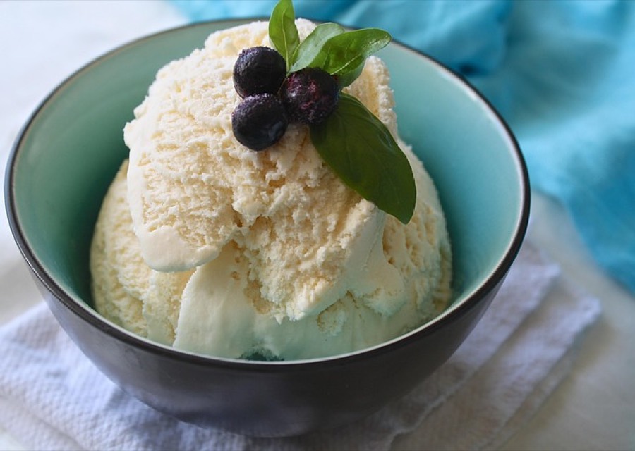 Scoops of vanilla ice cream in a dark bowl topped with blueberries