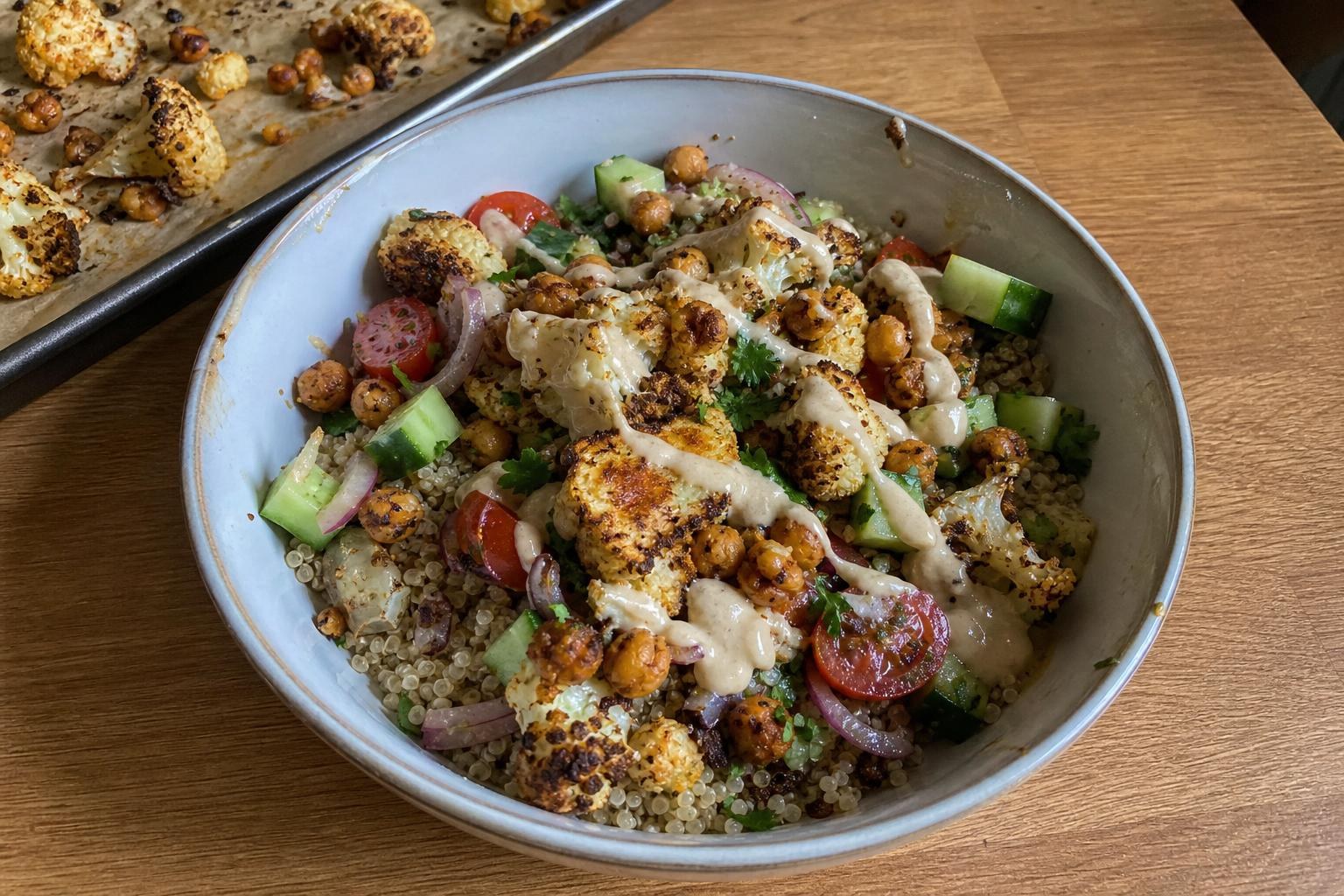 A shallow bowl of warm quinoa topped with deeply browned roasted cauliflower florets and crisp chickpeas, diced cucumber, halved cherry tomatoes, sliced red onion, a drizzle of pale tahini sauce and chopped parsley.