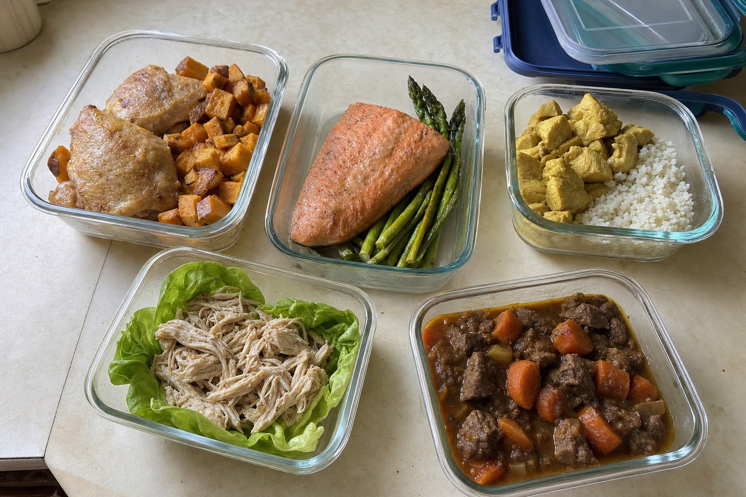 AIP meal prep containers with chicken and sweet potato, salmon with asparagus, turmeric chicken, lettuce wraps and beef stew