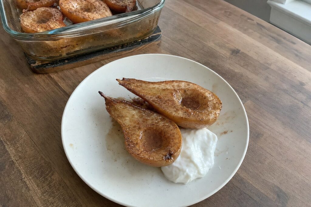 Homemade baked Cinnamon Pears with Coconut Cream