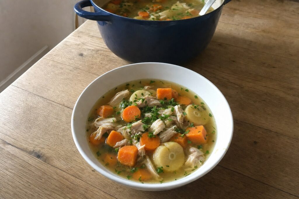 Homemade chicken and Root Vegetable Soup with Thyme