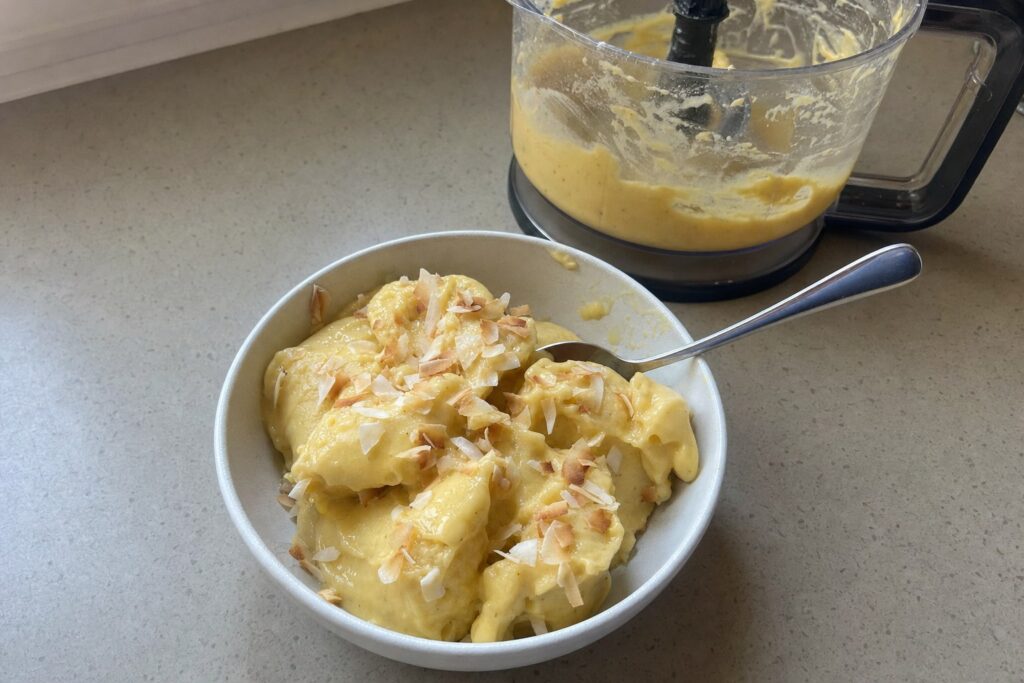 Homemade frozen Banana and Mango Coconut Nice Cream