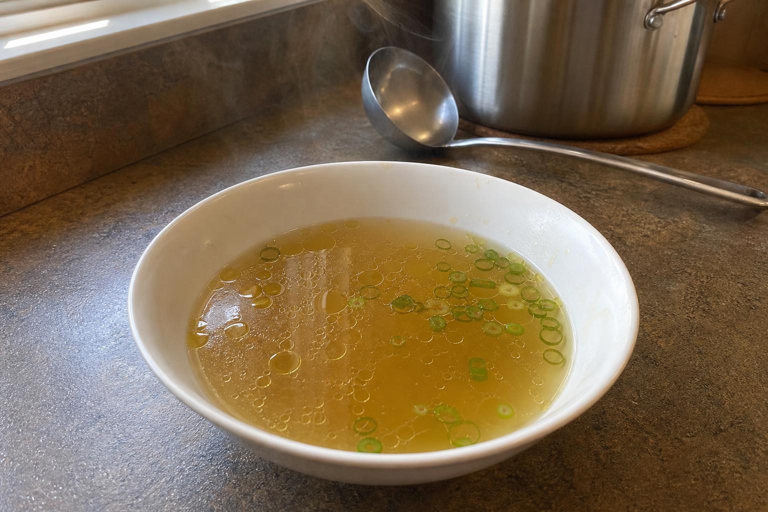 A low bowl of clear golden garlic ginger vegetable broth with olive oil droplets on the surface and sliced green onions clustered on one side, steam rising, stockpot and ladle blurred in the background.