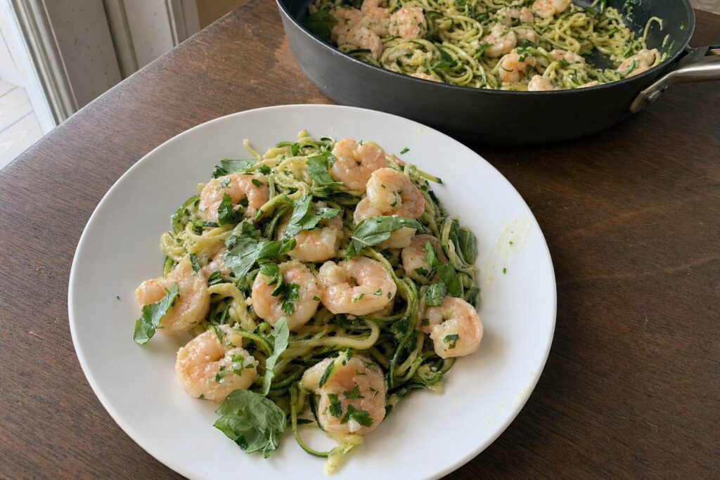 Homemade garlic Shrimp with Zucchini Noodles and Basil