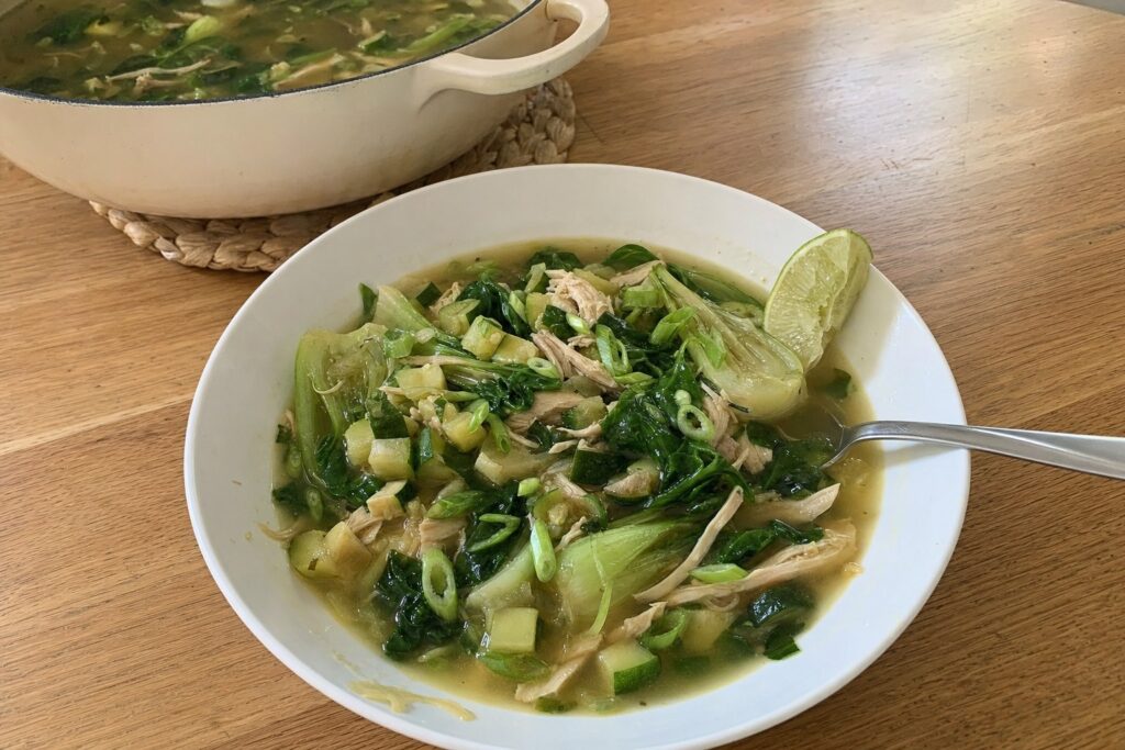 Homemade ginger Chicken and Greens Breakfast Broth