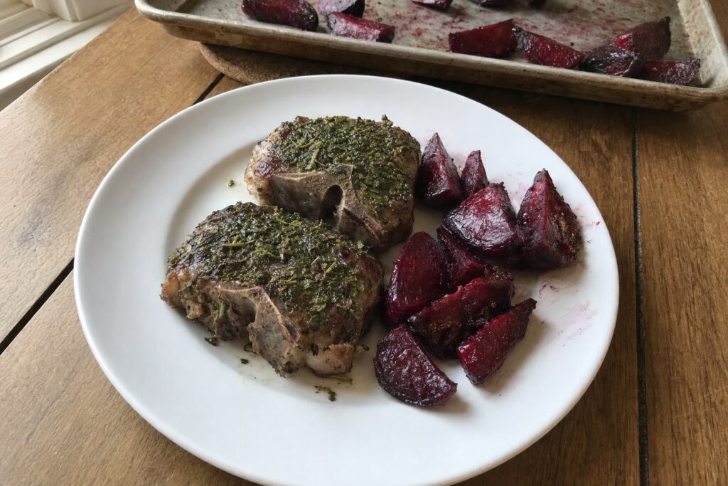 Homemade herb-Crusted Lamb Chops with Mint and Roasted Beets