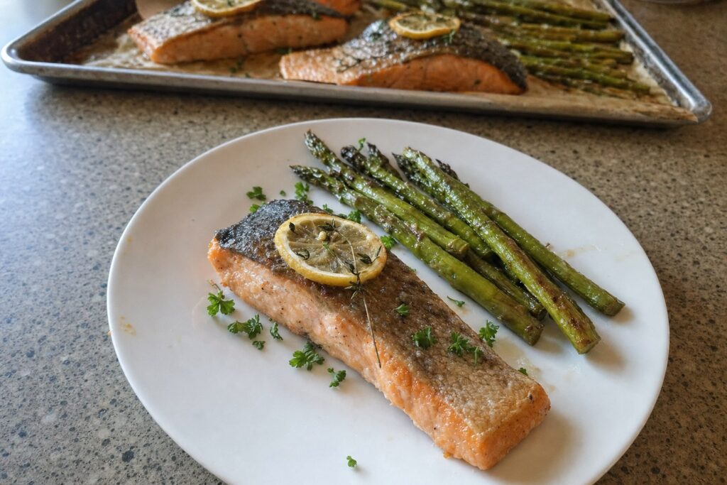 Homemade lemon Thyme Baked Salmon with Asparagus