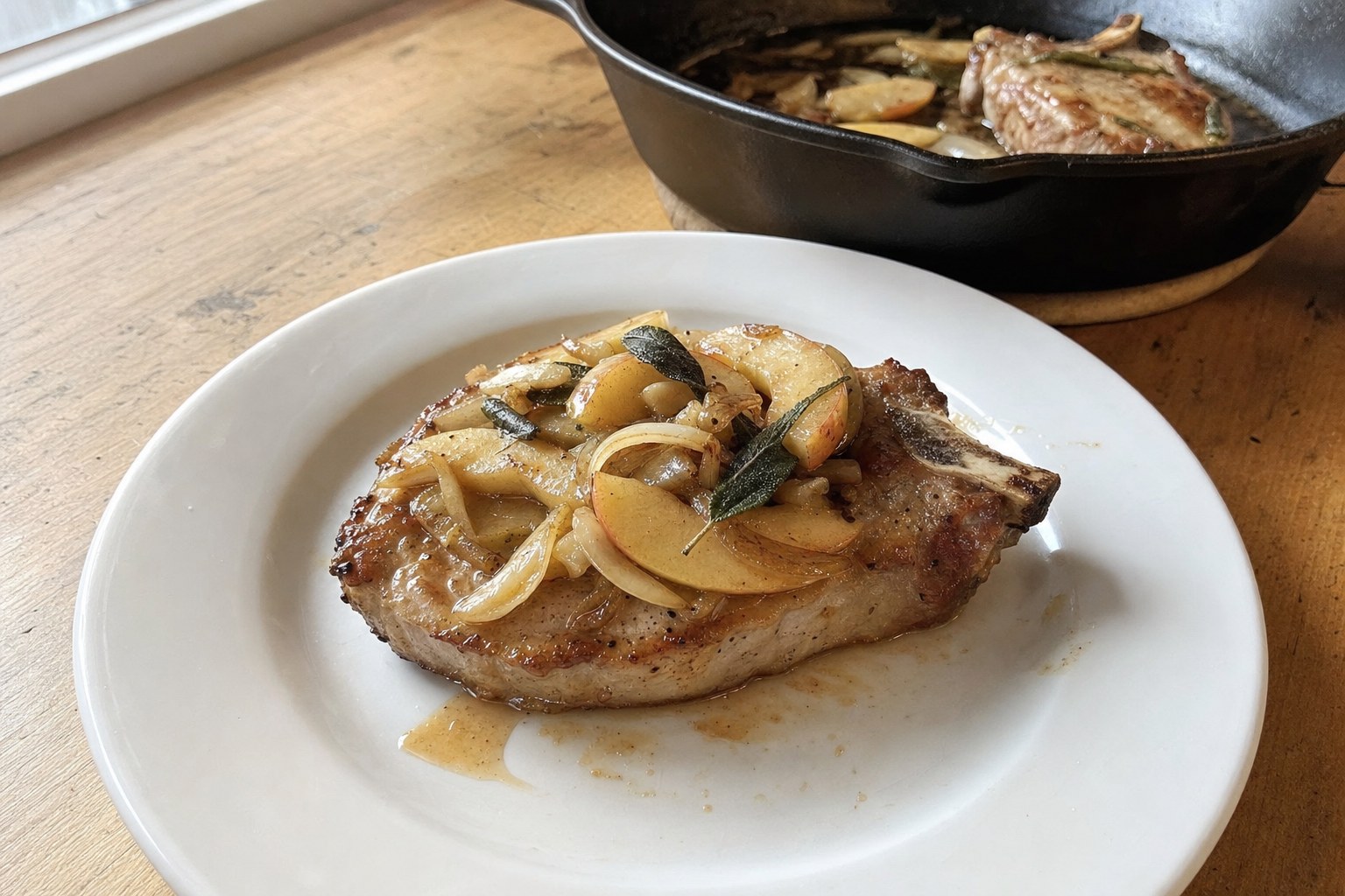 Chuletas de cerdo caseras a la plancha con manzana y salvia