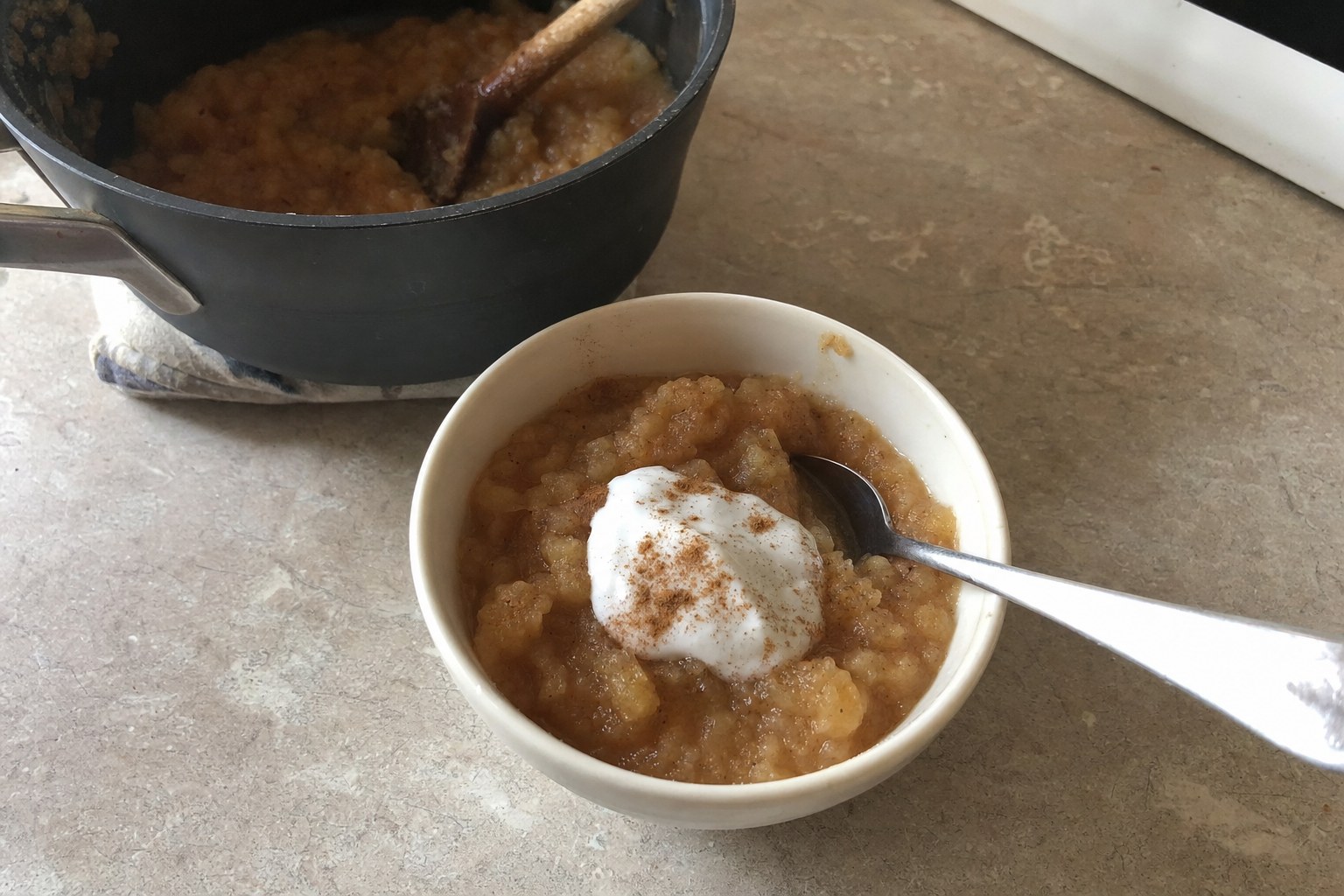 AIP warm spiced applesauce bowls topped with whipped coconut cream and a dusting of cinnamon