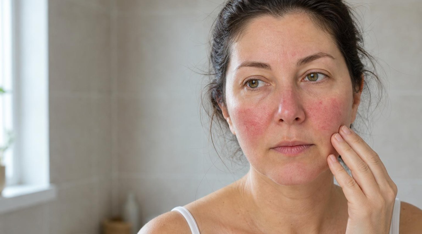 Woman with rosacea touching the persistent redness on her cheek, a visible form of chronic inflammation